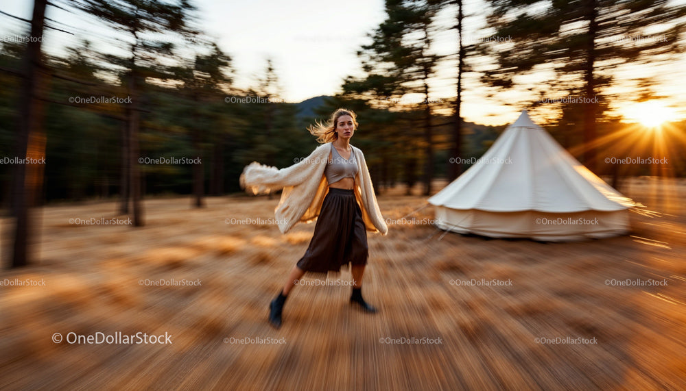 Woman in Bohemian Attire Walking Through Autumn Forest