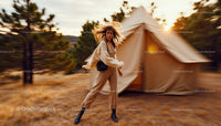 Woman in Cozy Sweater Moving Near Tent at Sunset