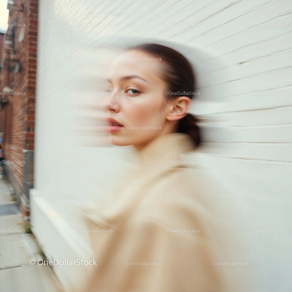 Elegant Woman in Beige Coat with Motion Blur Effect