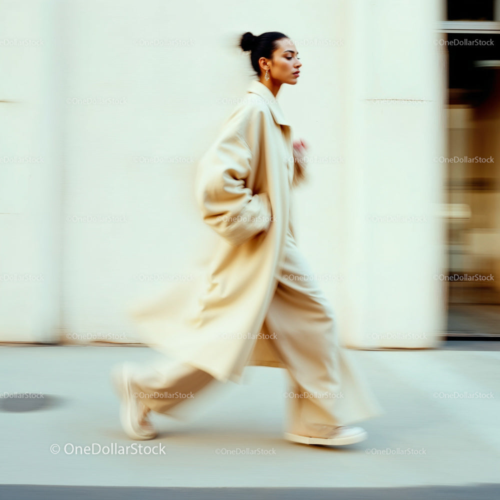 Woman in Motion Wearing Stylish Beige Ensemble