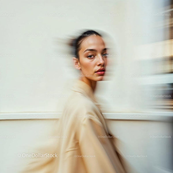 Artystyczny portret kobiety z rozmyciem ruchu w beżowym tle