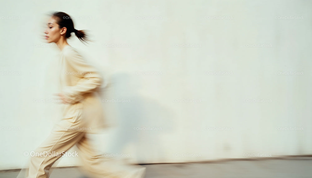 Dynamic Woman Running in Beige Outfit Against Minimalist Wall