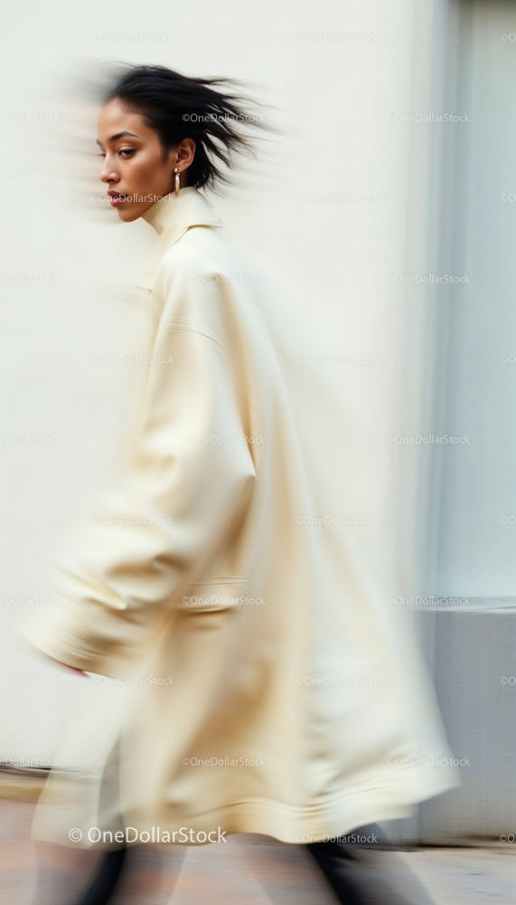 Fashionable Woman in Motion with Beige Coat