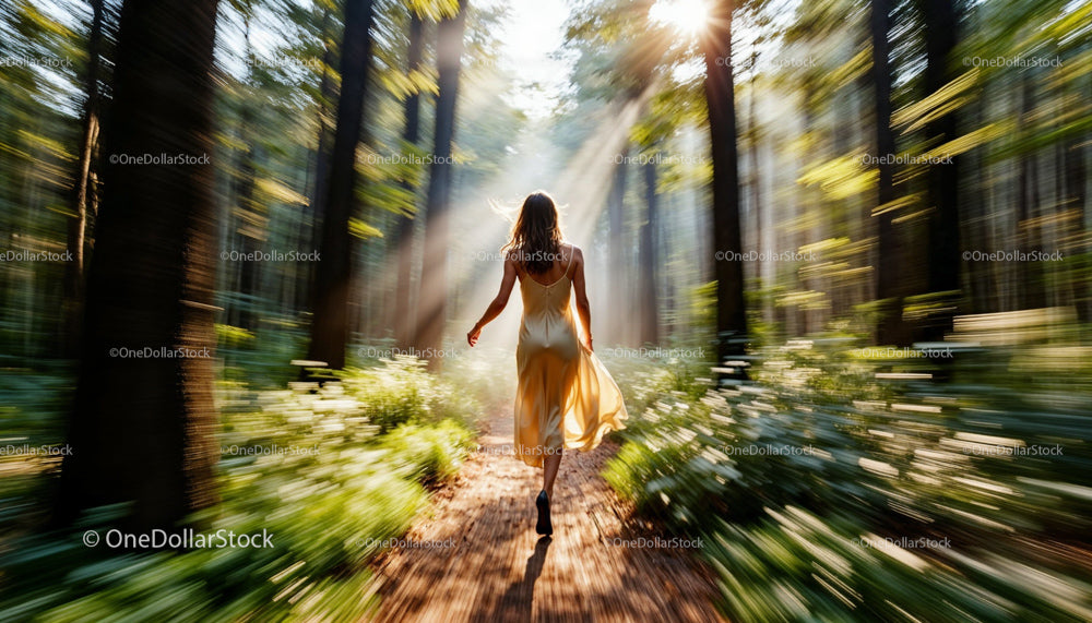 Woman Walking Through Sunlit Forest in Yellow Dress