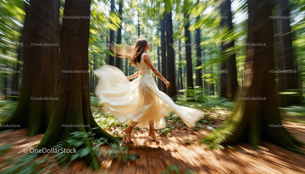 Woman in Flowing Dress Dancing Through a Sunlit Forest