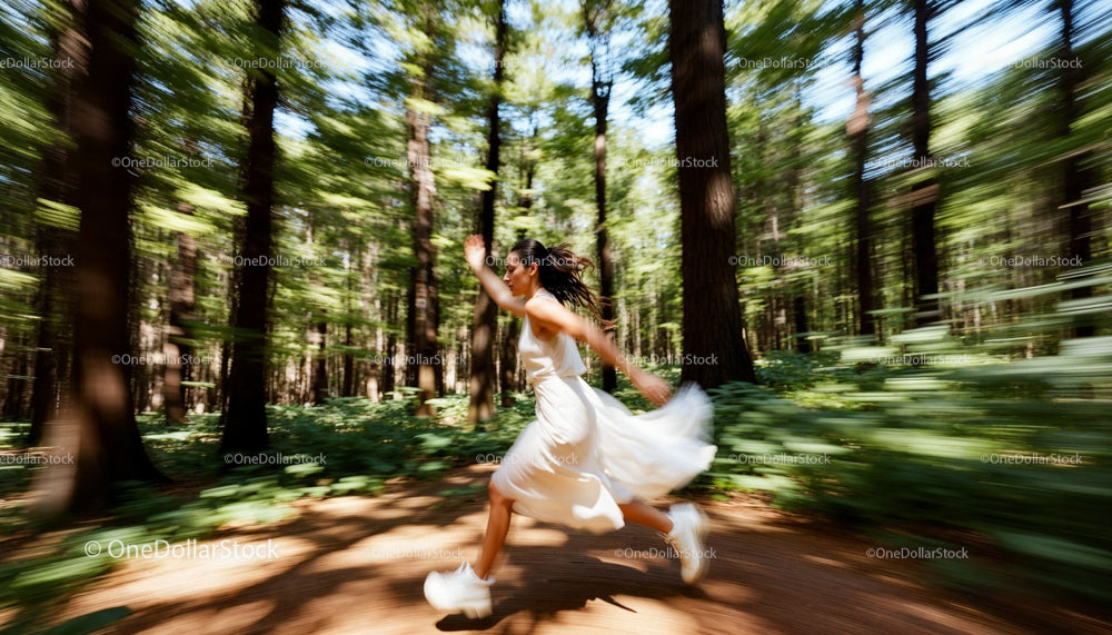 Woman in White Dress Running Through Sunlit Forest