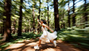 Woman in White Dress Running Through Sunlit Forest