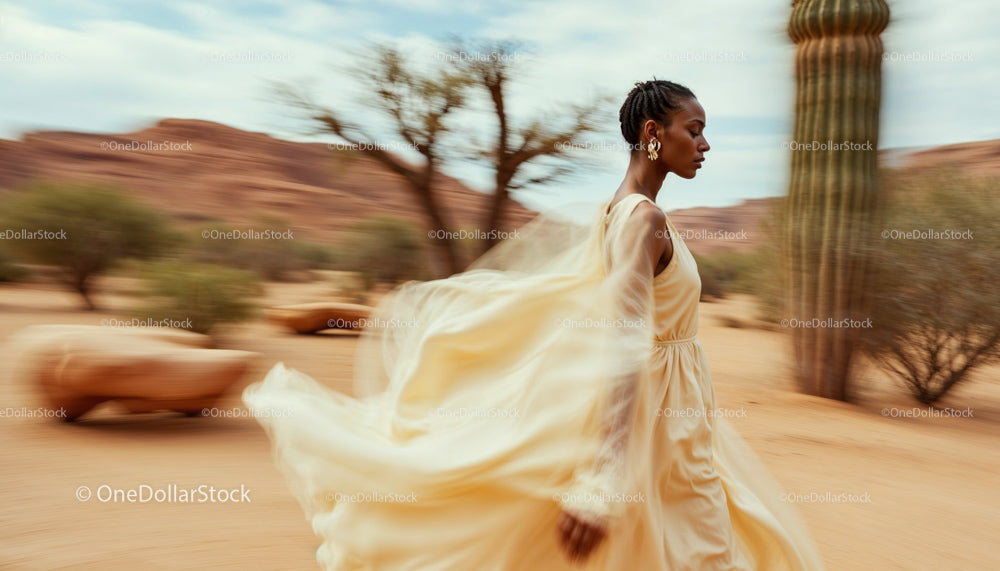 Elegant Woman in Flowing Dress in Desert Landscape