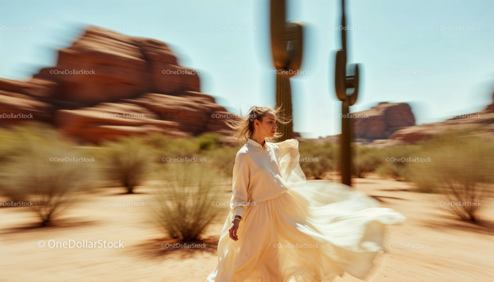 Woman in Flowing White Dress in Sunlit Desert Landscape
