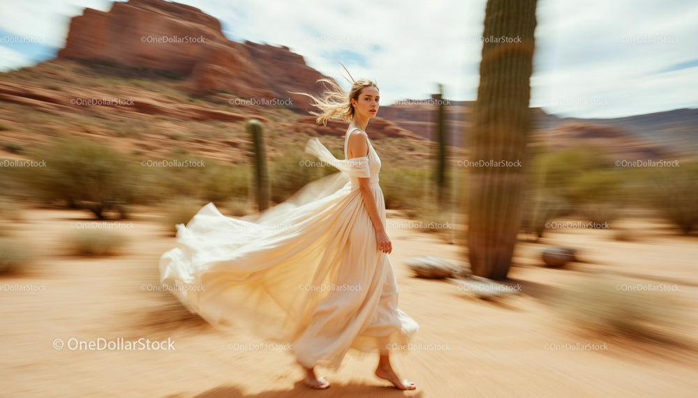 Elegant Woman in Flowing Dress Walking Through Desert