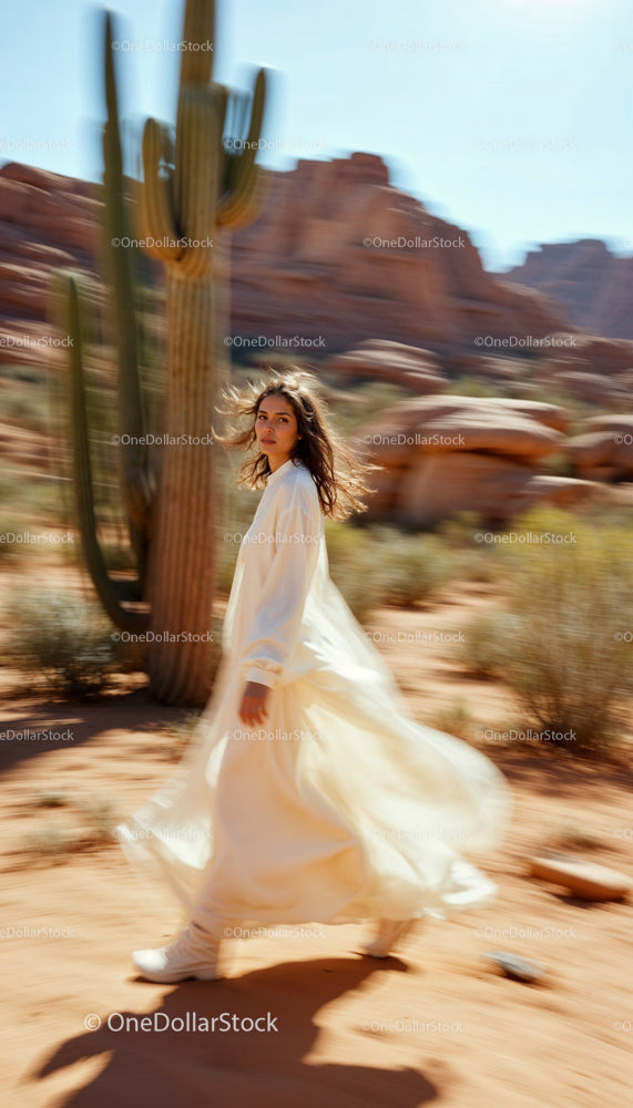 Elegant Woman in Flowing Dress Walking Through Desert