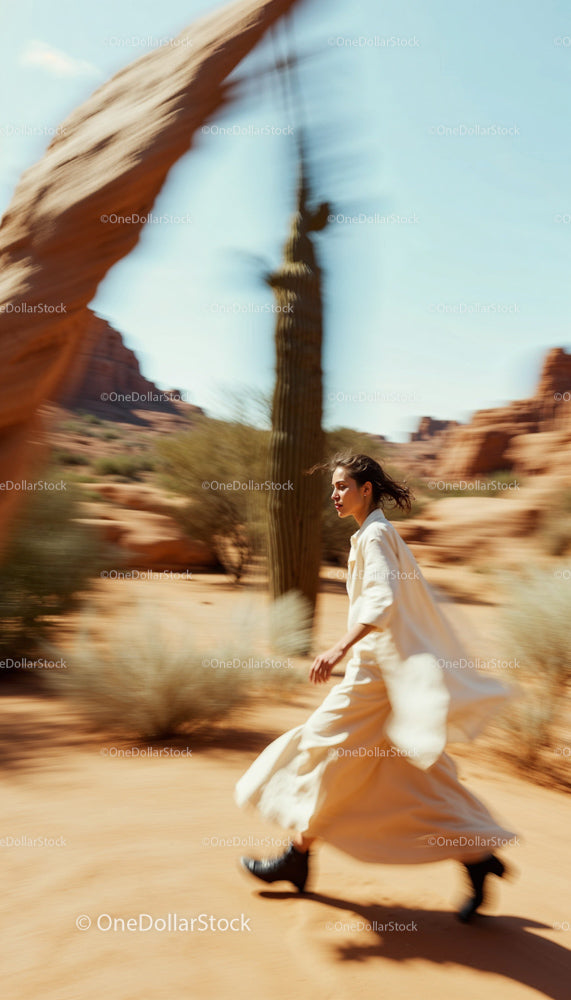 Woman Running Freely in a Vast Desert Landscape
