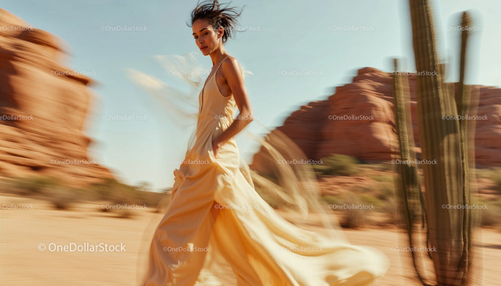 Woman in Flowing Dress Walking Through Desert Landscape