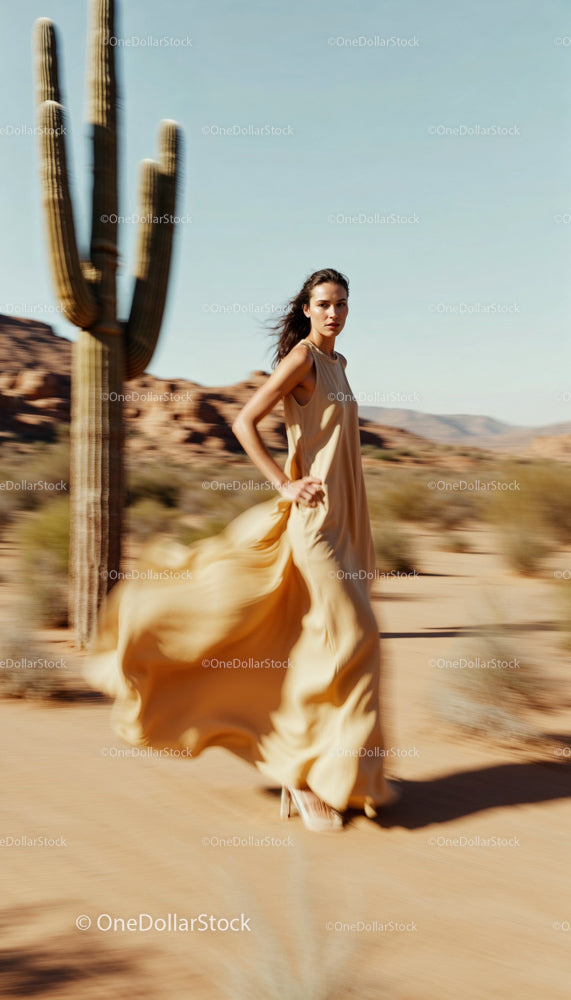 Fashionable Woman in Flowing Dress in Desert Setting