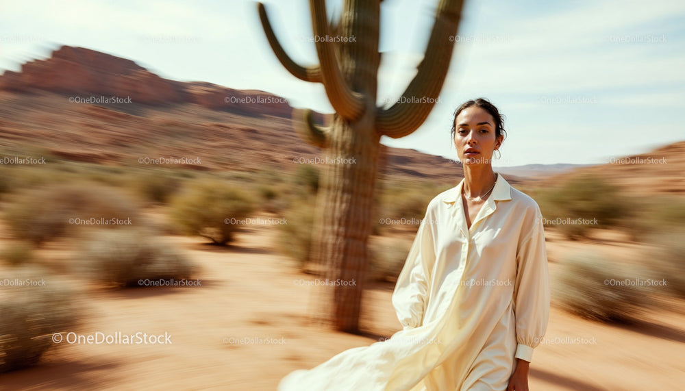Elegant Woman in White Dress in Desert Landscape