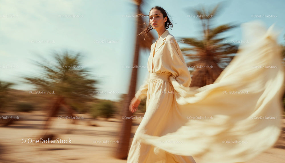 Woman in Flowing Beige Dress in Desert Landscape