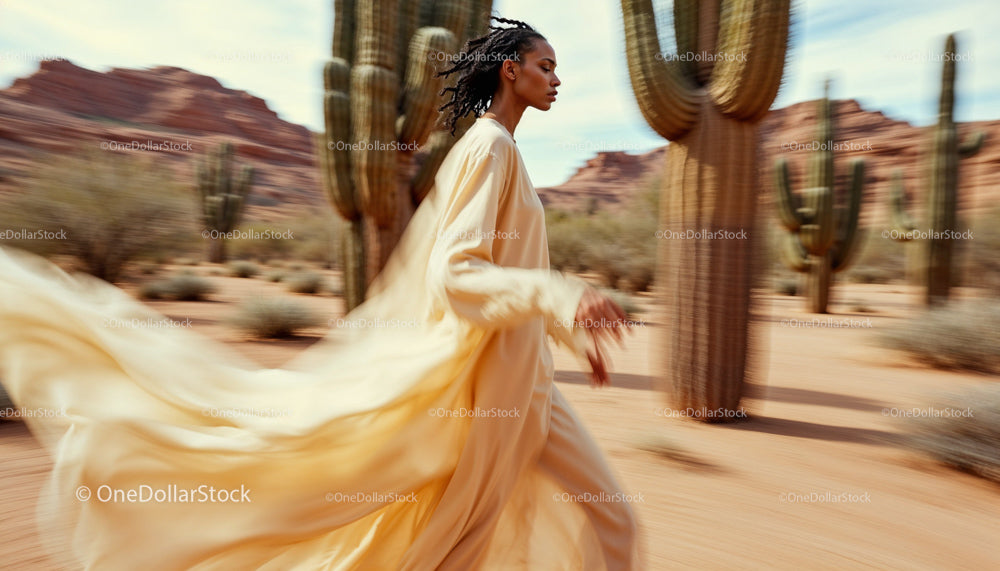 Elegant Woman in Flowing Dress Walking Through Desert