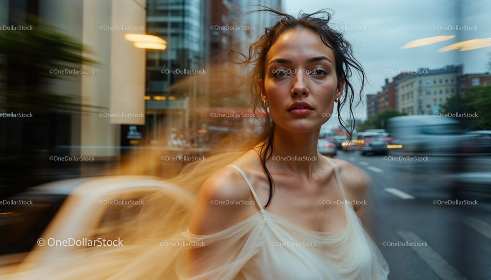 Elegant Woman in Flowing Dress Amidst Cityscape