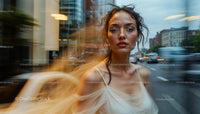 Elegant Woman in Flowing Dress Amidst Cityscape