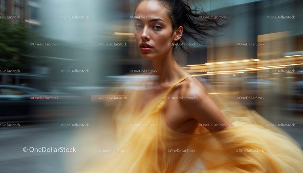 Elegant Woman in Flowing Yellow Dress with Blurred City Motion