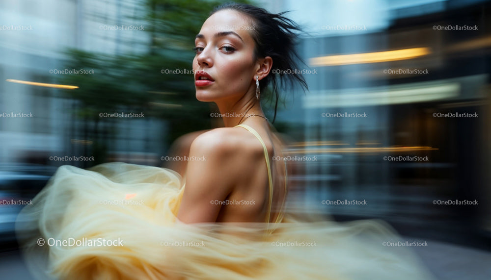 Elegant Woman in Motion with Flowing Yellow Dress