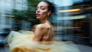 Elegant Woman in Motion with Flowing Yellow Dress