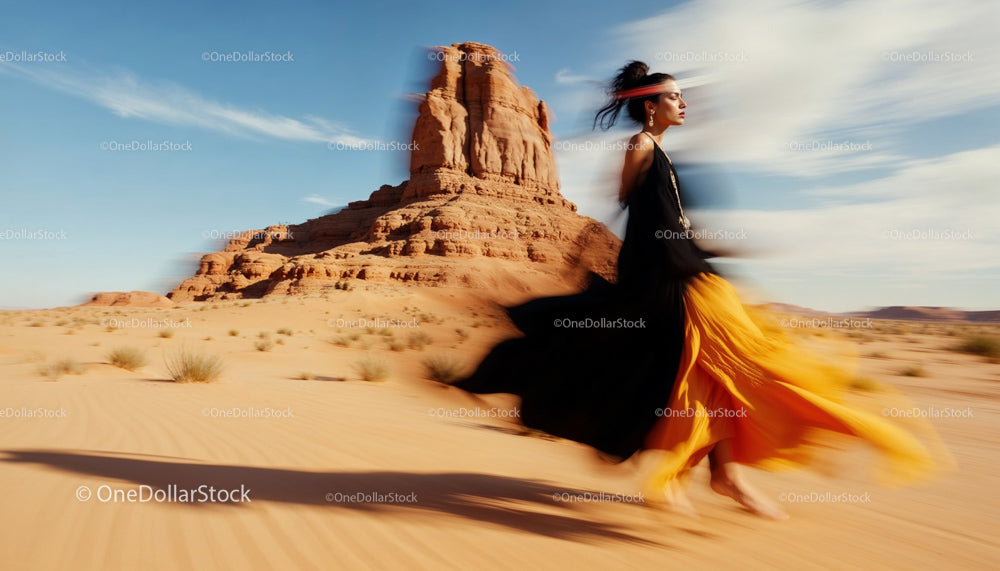 Woman in Flowing Dress Running Through Desert Landscape
