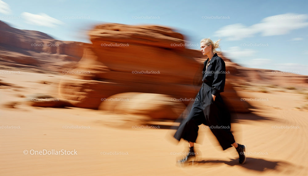 Woman in Black Walking Through Dramatic Desert Landscape