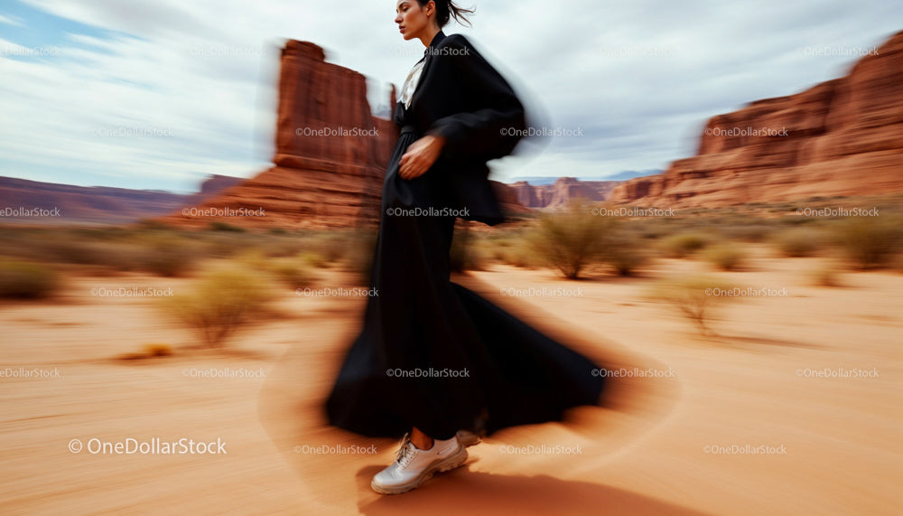 Elegant Woman in Motion in Stunning Desert Landscape