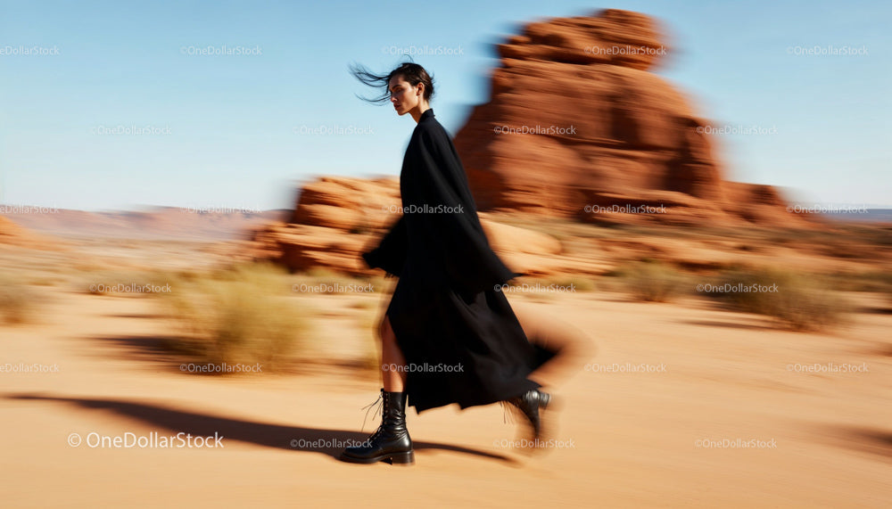Fashionable Woman Walking Through Desert Landscape