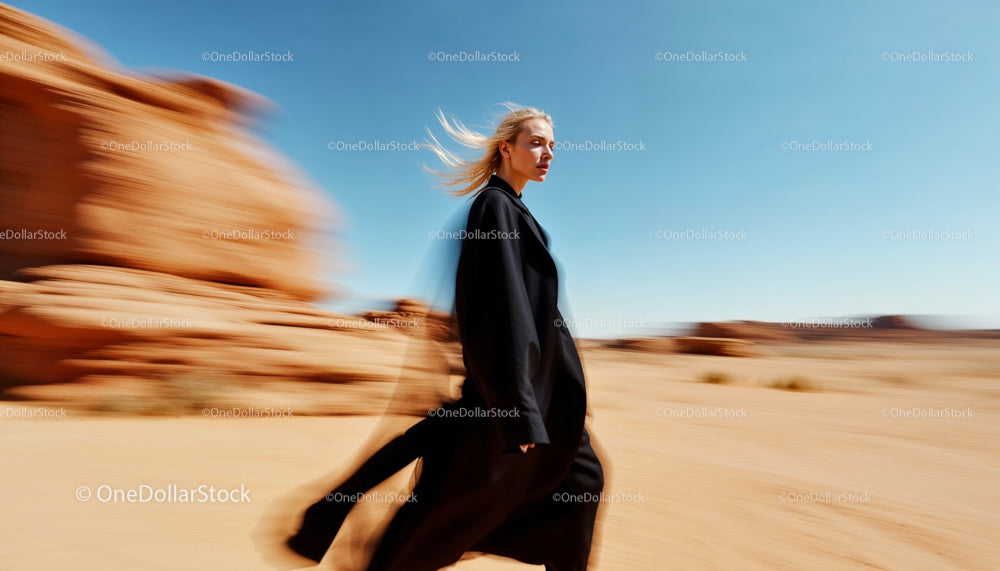 Blonde Woman in Black Coat Walking Through Desert Landscape