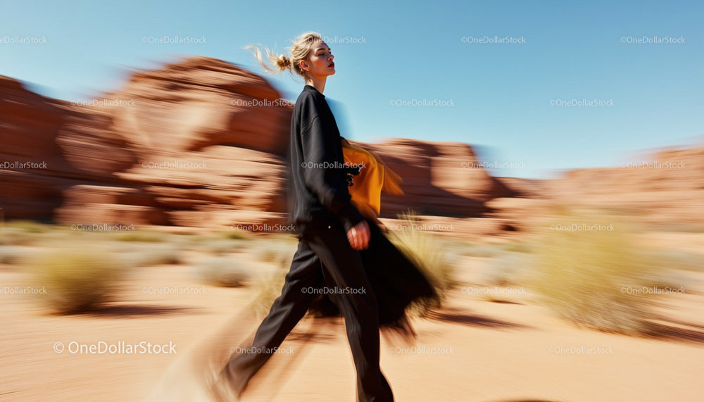 Stylish Woman in Motion Against Desert Landscape