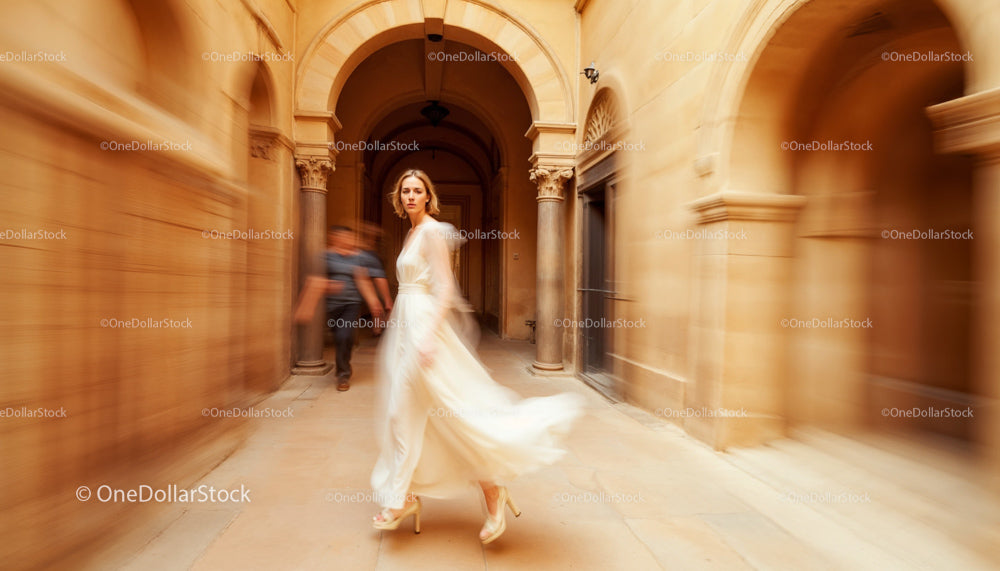 Elegant Woman in Flowing Dress Walking Through Historic Archway