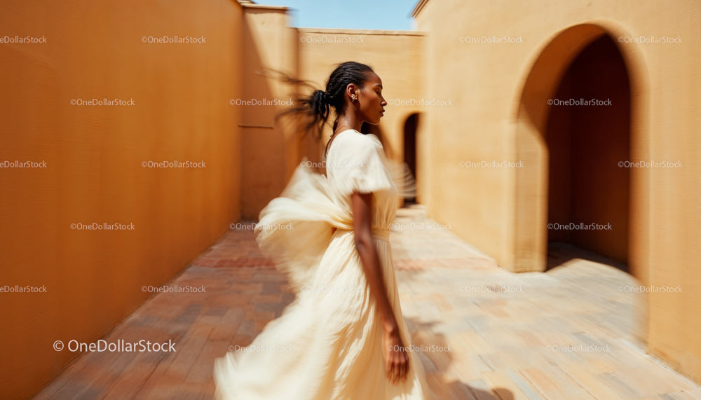 Elegant Woman in Flowing Dress Walking in Sunlit Passage