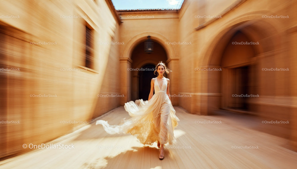Elegant Woman in Flowing Dress in Sunlit Corridor
