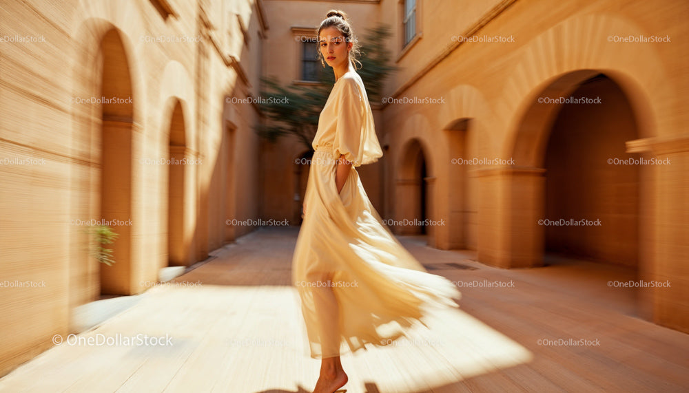 Elegant Woman in Flowing Beige Dress by Architectural Arches