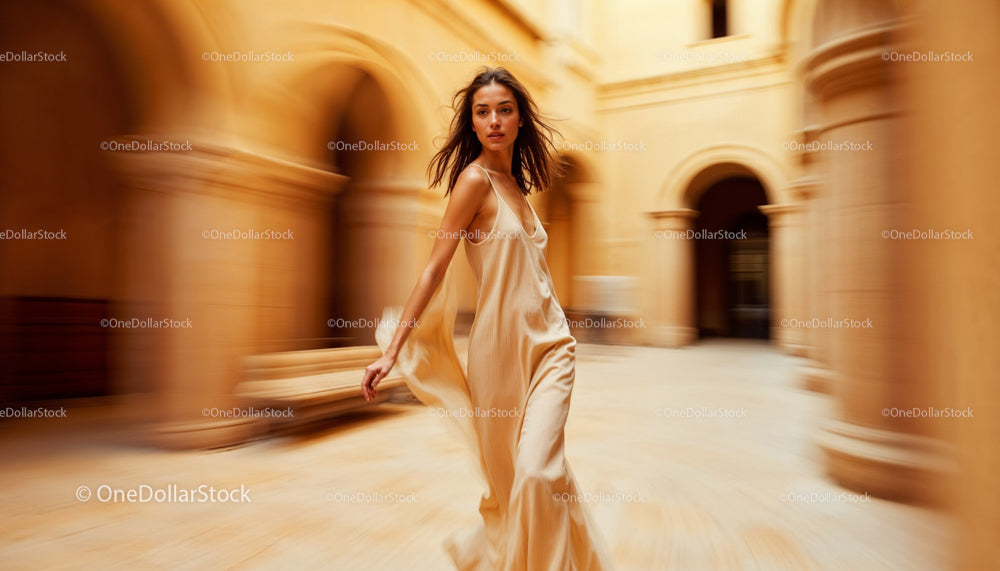 Elegant Woman in Flowing Dress in Historic Setting