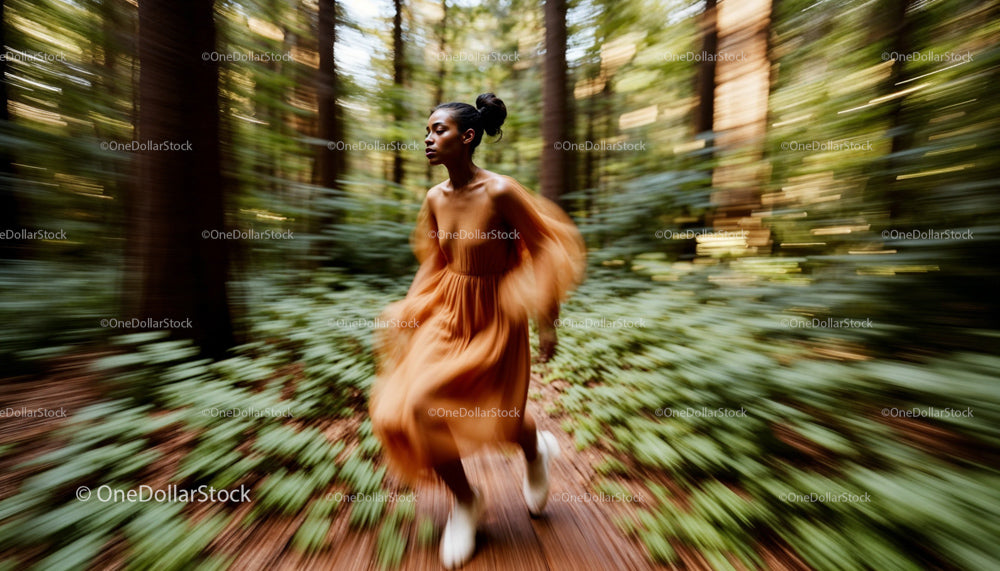 Woman Running Through Vibrant Forest in Orange Dress