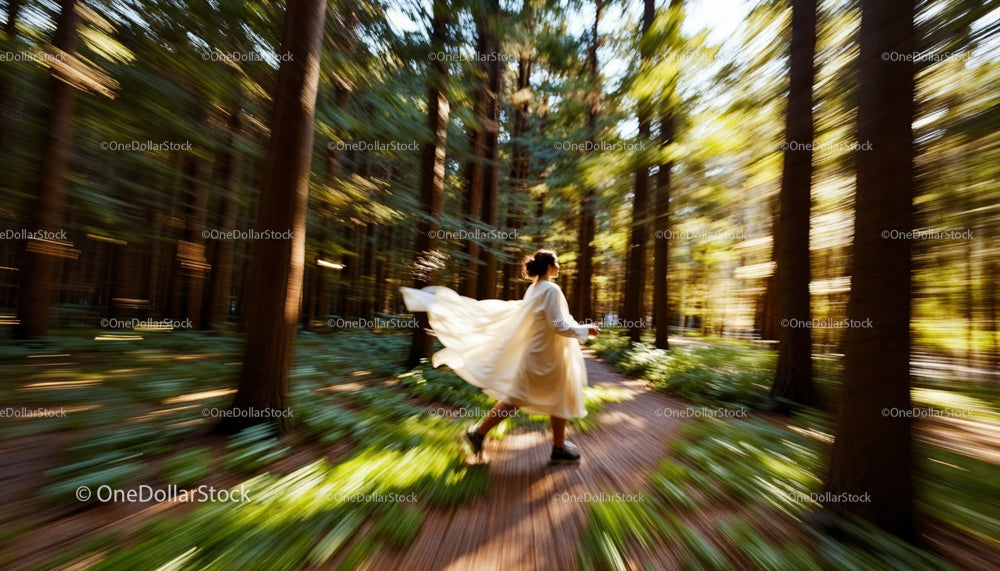 Woman in Motion on a Sunlit Forest Path