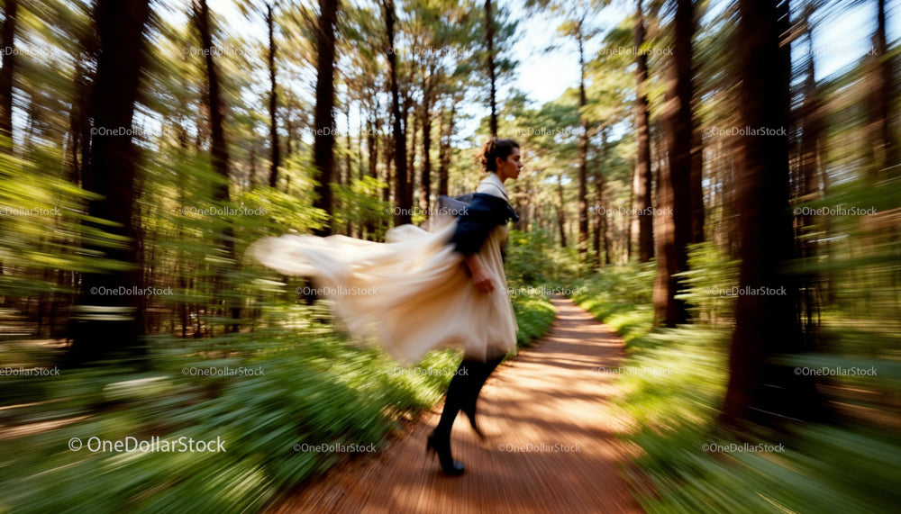 Woman in Flowing Dress Running Through Forest Path