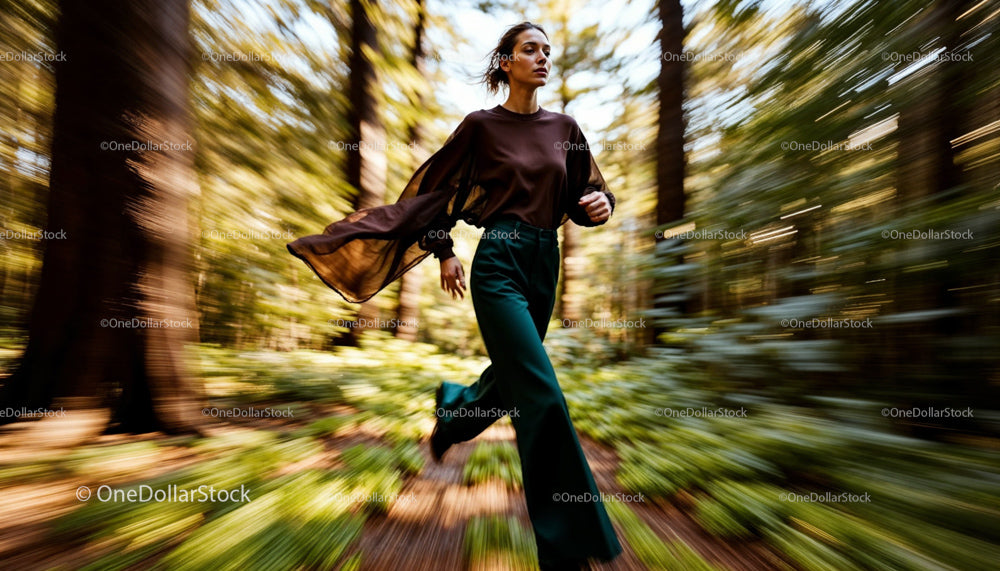 Dynamic Woman Running on a Forest Trail with Motion Blur