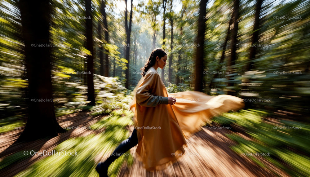 Woman Running Through Peaceful Forest in Motion Blur