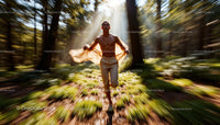 Shirtless Man Running Through Sunlit Forest with Motion Blur