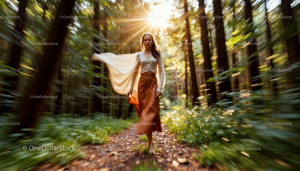 Woman Walking in Sunlit Forest Wearing Flowing Dress