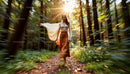 Woman Walking in Sunlit Forest Wearing Flowing Dress