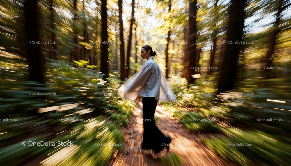 Woman in Motion Walking Through Lush Sunlit Forest
