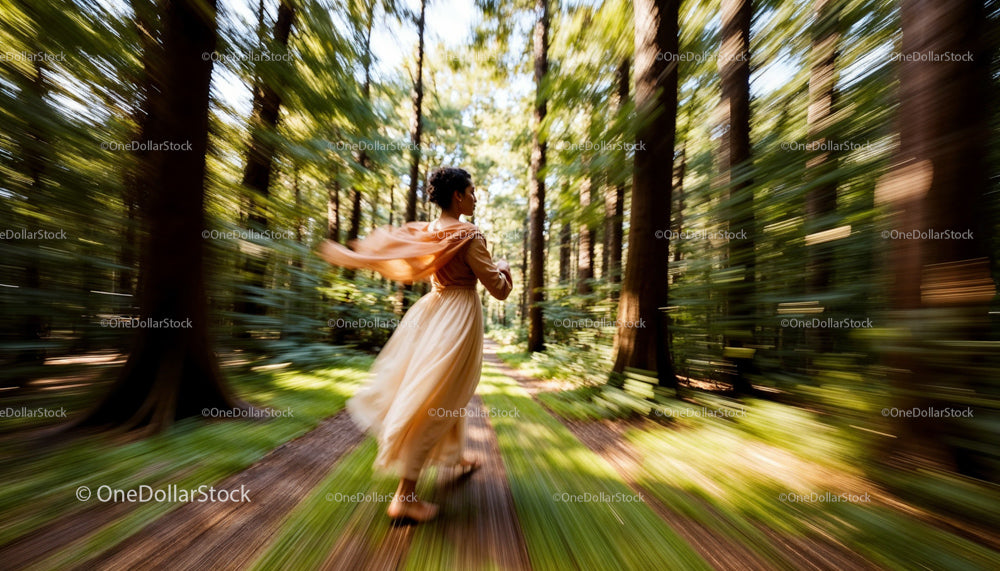 Woman in Flowing Dress Running Through Sunlit Forest