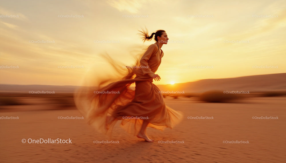 Woman Running in the Desert at Sunset with Flowing Dress