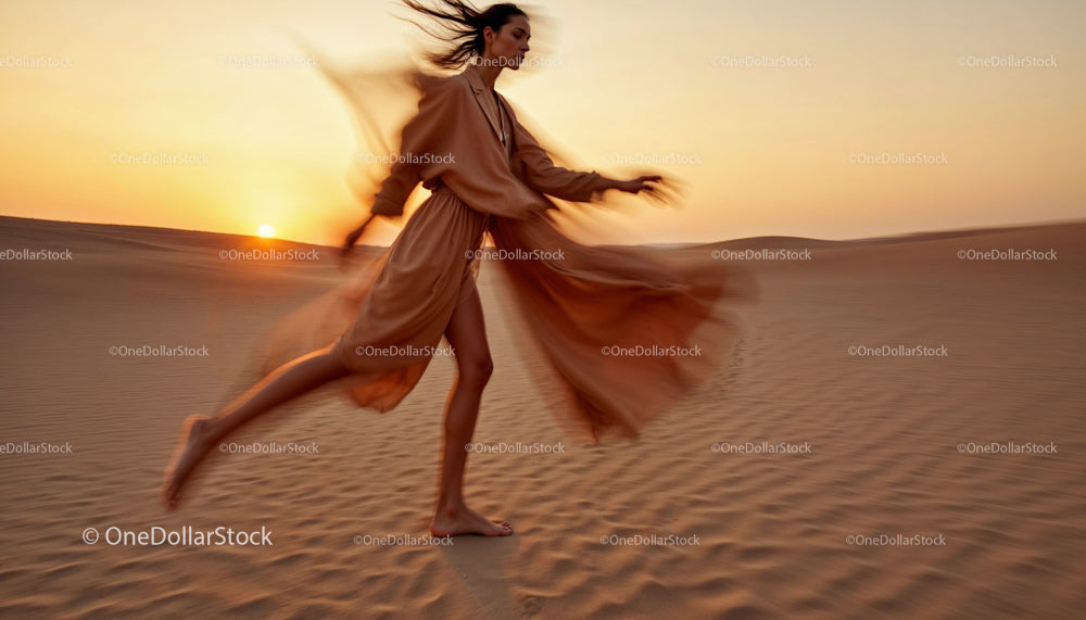 Elegant Woman Running in Desert at Golden Sunset