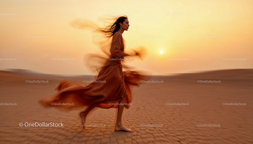 Woman in Flowing Dress Walks Gracefully at Sunset
